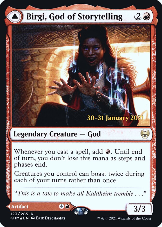 Birgi, God of Storytelling // Harnfel, Horn of Bounty – Rare Magic: The Gathering card from Kaldheim Promos (#123s)