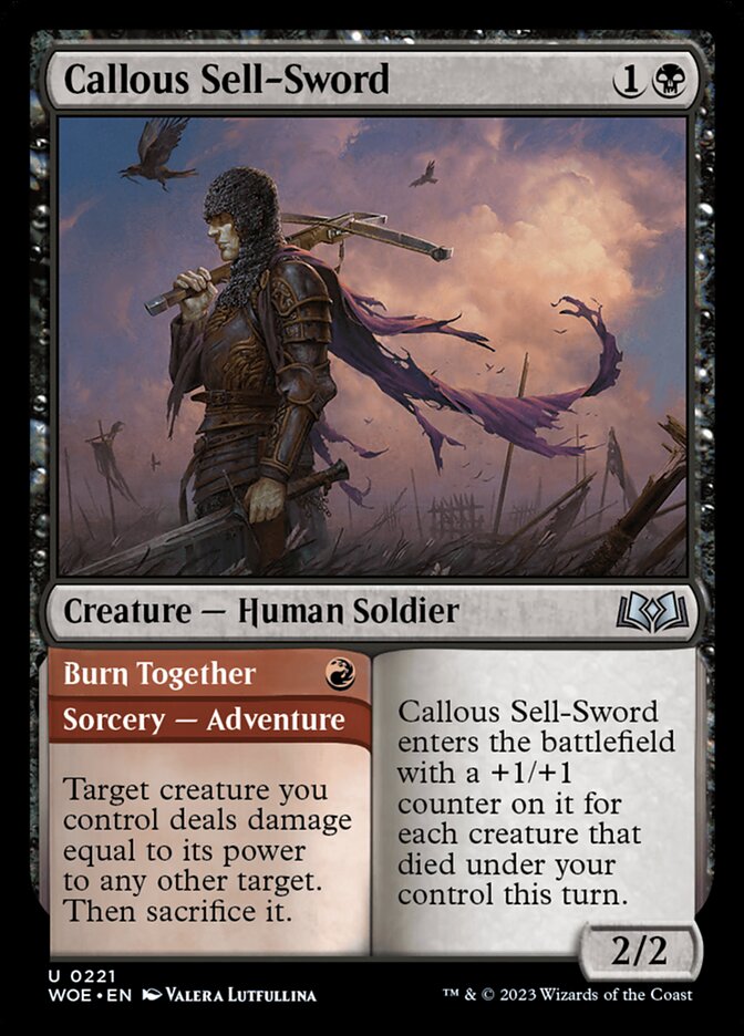 Callous Sell-Sword // Burn Together – Uncommon Magic: The Gathering card from Wilds of Eldraine (#221)