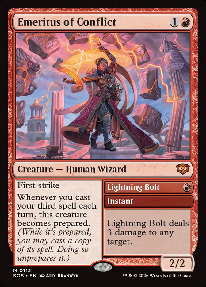 Emeritus of Conflict // Lightning Bolt – Mythic Magic: The Gathering card from Secrets of Strixhaven (#113)