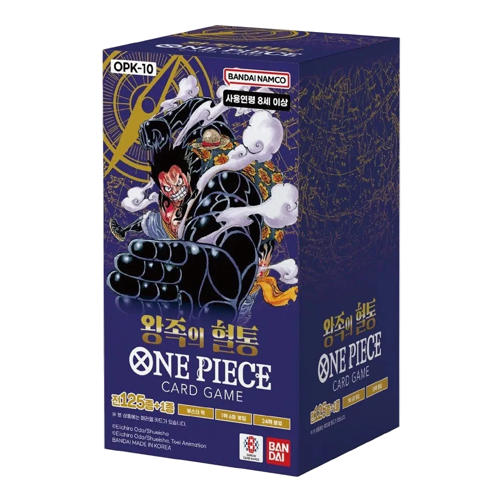 One Piece card game packaging with character design on a blue background